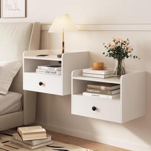 Floating Nightstand Set of 2 Modern Night Stands with Drawer and Open Shelf Cubby Small Bedside End Table with Charging Station Wall Mounted Nightstands Set 2 for Bedroom White (White)