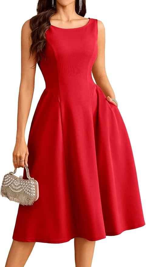 Bridesmay Women's Elegant Crew Neck Swing A Line Wedding Guest Dress Sleeveless Formal Midi Dress with Pockets 2026 Medium