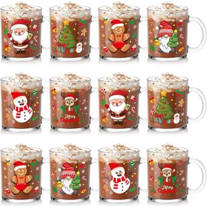 Baderke 12 Pcs Christmas Glass Mugs Set 12 oz Christmas Coffee Mugs with Handle Snowman Snowflake Coffee Cup Xmas Tree Santa Claus Cup for Hot Chocolate Women Men Gift (Xmas)
