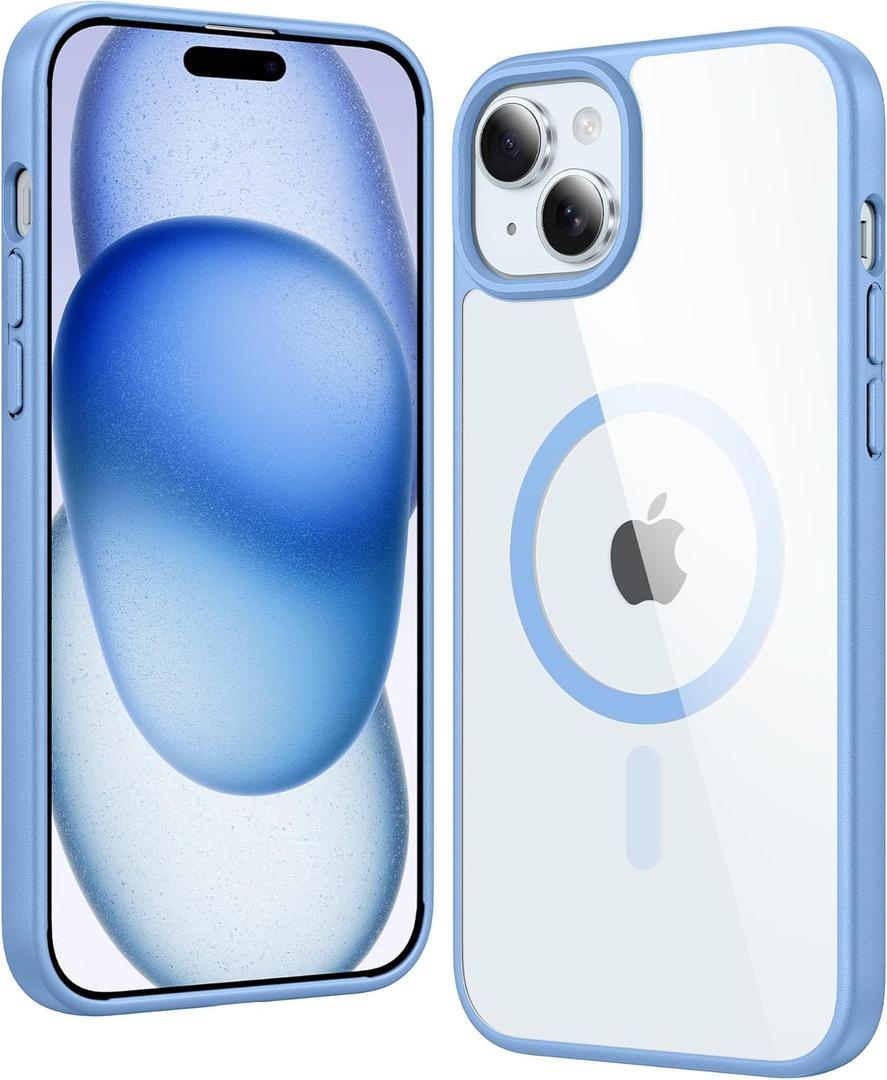 FNTCASE for iPhone 15 Case Clear: iPhone 14/13 Case Magnetic Phone Cases with Screen Protector Compatible with Magsafe Slim Anti Yellowing Rugged Protective Transparent Cell Cover (B-Sierra Blue)