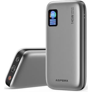 AsperX Portable Charger, 24,000mAh 145W Laptop Power Bank, TFT Smart Display,3-Port USB C PD 3.1 Fast Charging Battery Pack for MacBook, Dell XPS, iPhone 16/15/14/13, Steam Deck, AirPods (Silver)