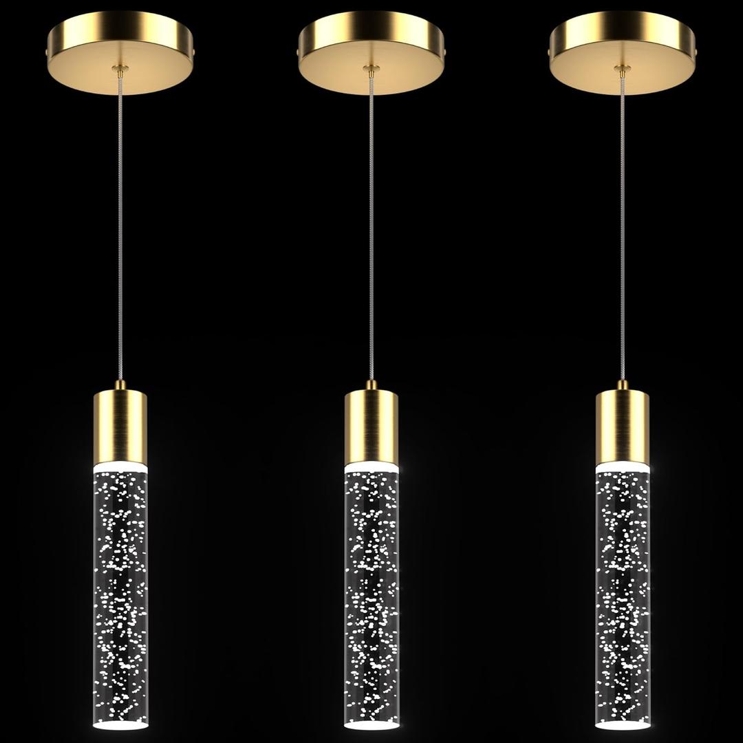 Pendant Lights Kitchen Island 3 Pack, 6500K Modern Kitchen Island Lights Ceiling Lighting Fixtures with Crystal Bubble, Integrated LED Cold White Hanging Light Dining Room Light Brushed Gold