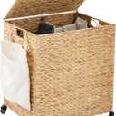 Laundry Hamper with Wheels, 40.92 Gallon(155L) Water Hyacinth Laundry Basket with Lid, 2-Section Wicker Clothes Hamper with 2 Removable Liners, Laundry Sorter with Side Pocket, Natural, 23.62"L x 15.75"W x 25.6"H