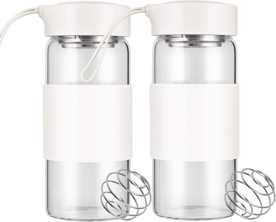Small Glass Shaker Bottle, 2 Pack 16oz BPA Free Odorless Shaker Bottle with 304SS Mixing Ball and Removable Cleaning Brush for Fitness & Protein Shakes(White-2Pack)