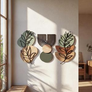 Wenqik Set of 3 Boho Wall Art Decor 3D Wood & Metal Abstract Geometric Wall Hangings Sculpture 15 x 6in Sage Green Beige Terracotta Minimalist Botanical Artwork for Home Decor Gallery Living Room