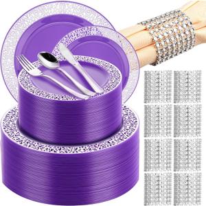SiliFine 300 Pcs Purple Silver Plastic Dinnerware Set for 50 Guest Include 50 Lace Design Plate, 50 Knives, 50 Fork, 50 Spoon, 50 Napkin Buckle, Purple Disposable Dinner Plate for Wedding Party