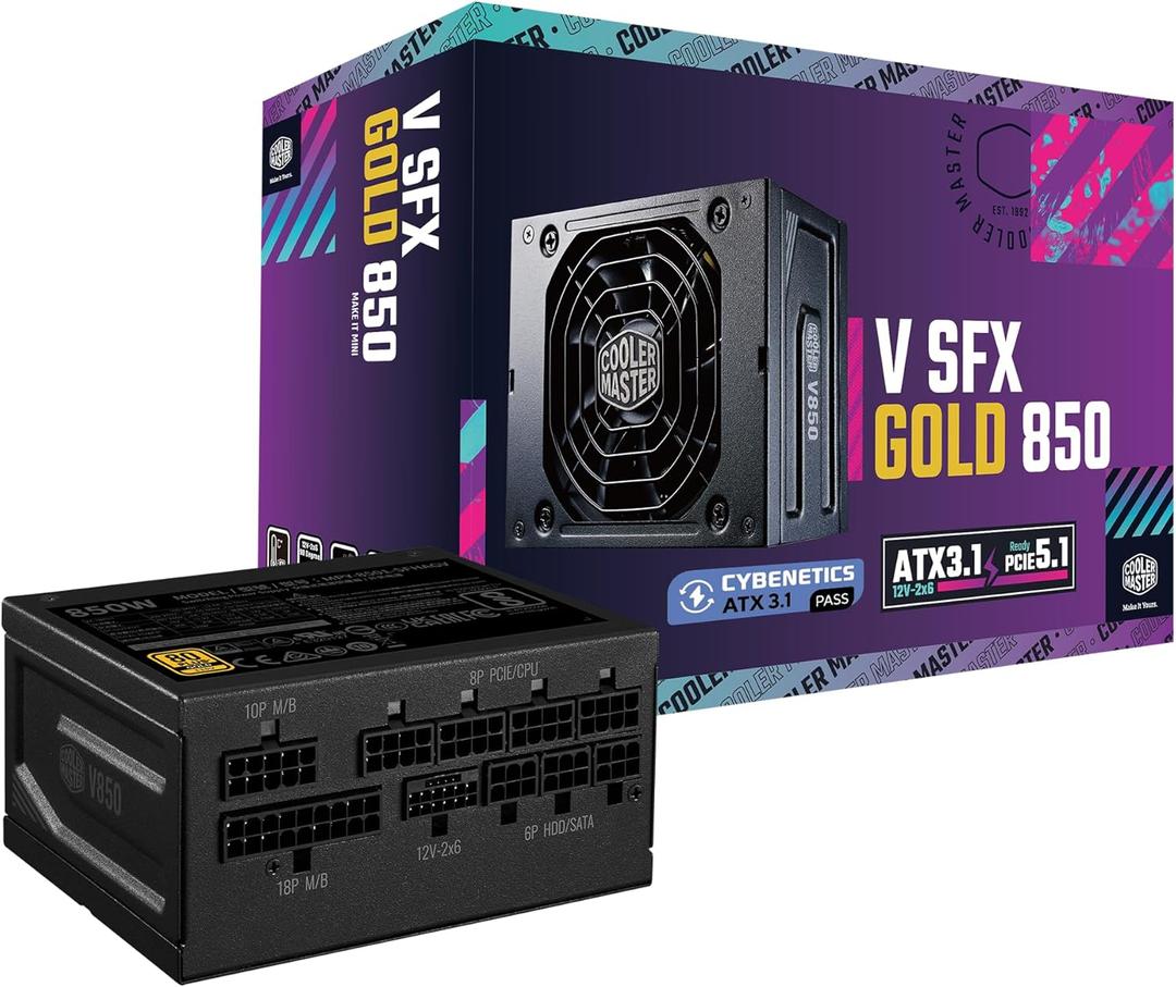 Cooler Master V850 SFX Gold 850W Fully Modular Power Supply – 80+ Gold Certified SFF PSU, ATX 3.1 & PCIe 5.1 Ready, 90° Angled Cable, Low Noise, Small Form Factor ITX PSU, Black