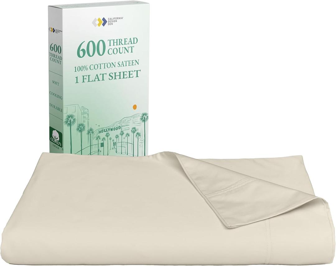 California Design Den Luxury King Size Flat Sheet Only - 100% Cotton, 600 Thread Count, Soft and Breathable Top Sheet, Sateen Weave, Hotel Quality, Featuring Foot Side Indicator - Creamy Beige