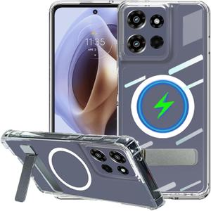 Magnetic Case for Motorola Moto G Power 2025, [Compatible with MagSafe] Built-in Flat Metal Kickstand, Thicken Bumper Frame Military Grade Protection Phone Cover for Moto G Power 5G 2025 (Clear)