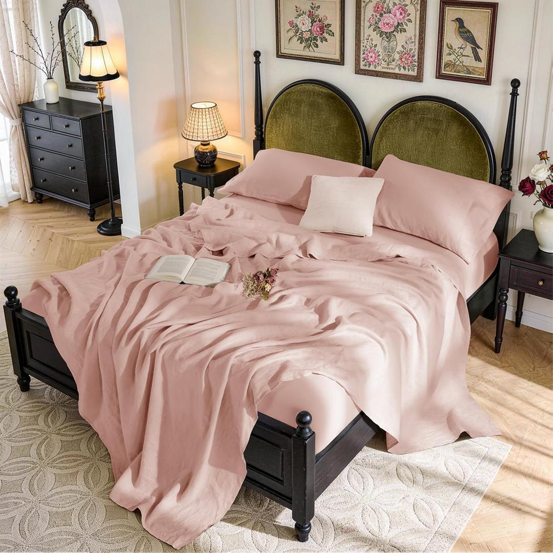 SONORO KATE 100% French Pure Linen Sheets, Breathable and Durable Linen King Size Sheets, Anti-Tear Linen Bed Sheets, Machine Washable, 16 Inch Deep Pocket - 4 Piece (Pink, King)