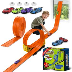 Flex Race Track 16 Ft with Suction Cups Compatible with Diecast 1/64th Cars, Flexible Car Track Toys for Ages 3+ Kids Toddlers Roll Out Portable Racetrack (Orange)