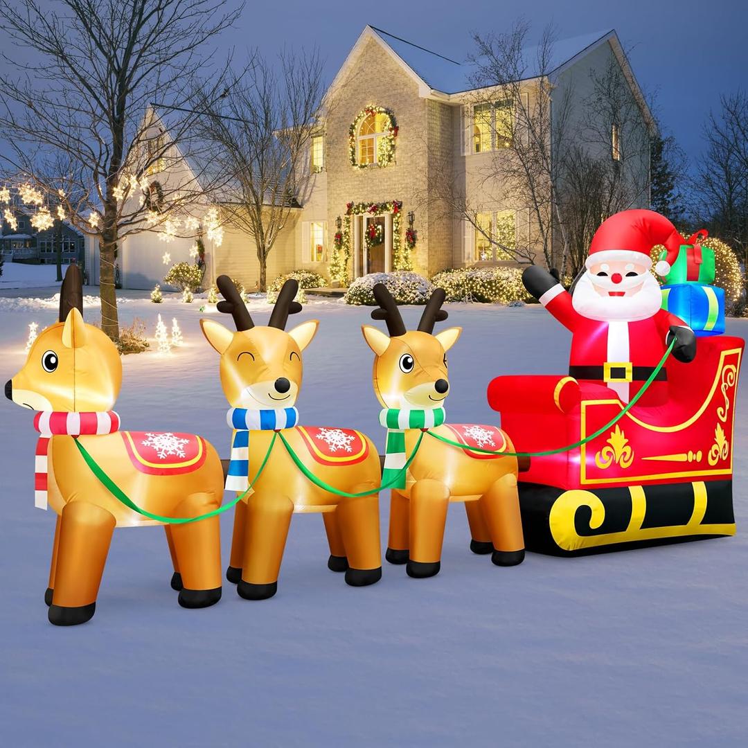 12 Foot Long Christmas Inflatables Santa Claus & Reindeer Sleigh Outdoor Decorations, Built-in LEDs Giant Funny Sled Merry Xmas Blow Up Yard Decoration Winter Inflatable Vacation Lawn Outside Blowups