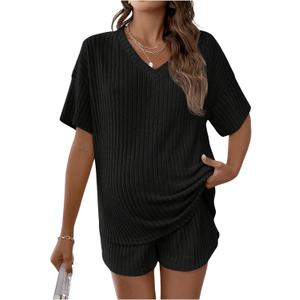 SweatyRocks Women's Maternity 2 Piece Outfits V Neck Short Sleeve Top and Elastic Waist Shorts Set (X-Large, Black) SweatyRocks Women's Maternity 2 Piece Outfits V Neck Short Sleeve Top and Elastic Waist Shorts Set (X-Large, Black)