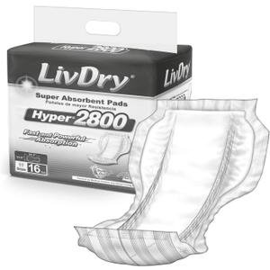 LivDry High Absorbency Pad Insert for Incontinence Briefs and Adult Diaper Booster, Women and Men, Hyper 2800 (16 Count)
