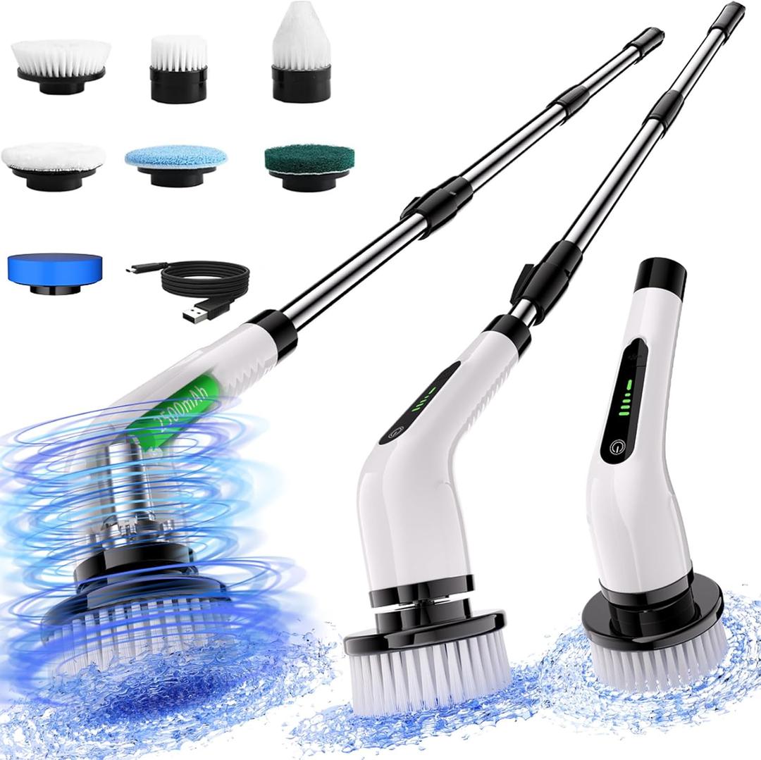 Electric Spin Scrubber for Bathroom: Shower Scrubber with Long Handle, Dual Speed Cordless Power Cleaning Scrub, 7 Brush Heads, IPX7 Waterproof Heavy Duty Cleaner Tools for Tub Tile Grout Wall