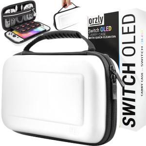 Orzly Carrying Case for Nintendo Switch OLED Console with Accessories and Game Storage Compartment - Easy Clean Case Gift Boxed (While)