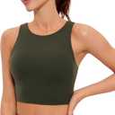 Efan YOGA Butterluxe Racerback Longline Sports Bras for Women - High Neck Padded Crop Workout Tank Top with Built in Pads L, Olive Green
