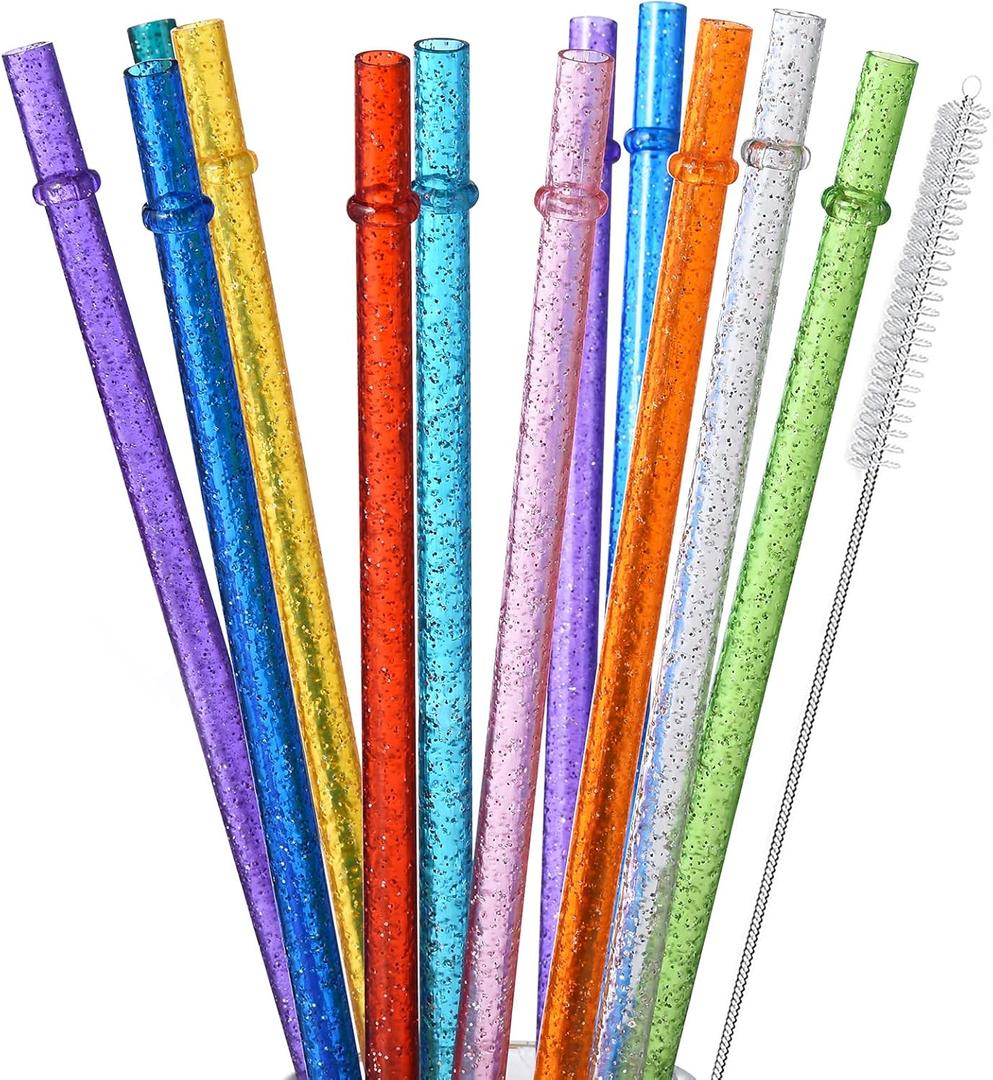 ALINK 12-Pack Glitter Reusable Clear Plastic Straws, 11" Long Hard Tumbler Replacement Drinking Straws for 16 OZ 20 OZ 30 OZ Stanley, YETI, Starbucks Tumblers with Cleaning Brush