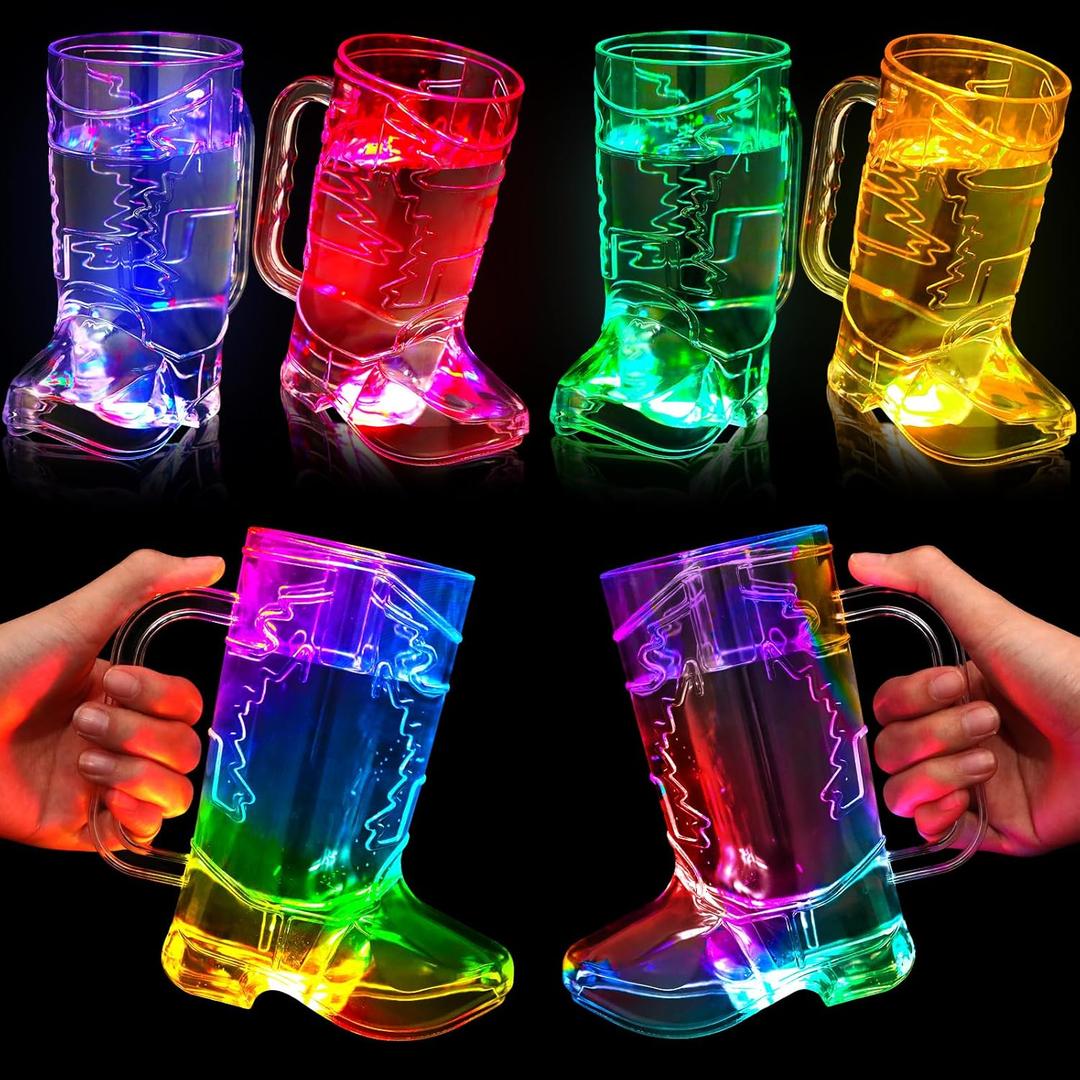 Sieral 6 Pcs Large Cowboy Boot Cups Light Up 16 oz LED Plastic Cowboy Shot Glasses Cowgirl Drink Mugs with Handle for Rodeo Birthday Party Western Theme Wedding Supplies