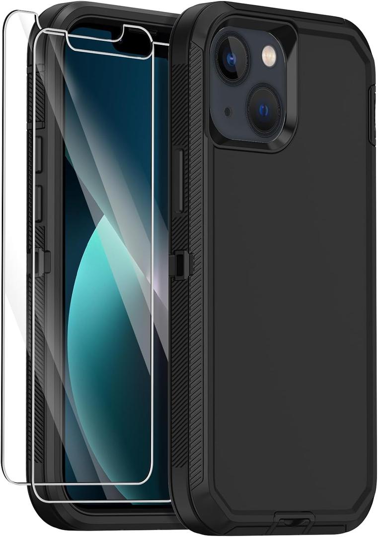 Annymall for iPhone 13 Case with 2 Screen Protector,Shockproof Drop Protection Full Body Heavy Duty 3 Layer Military Rugged Durable Phone Cover for Apple iPhone 13 6.1" (Black)