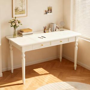 48in Rubber Wood Desk with Two Drawers, French Home Office Writing Tables with Storage, Multi-Functional Wood Vanity, Study Desk for Bedroom, Living-Room, White, 47.24" x 23.62" x 29.5"