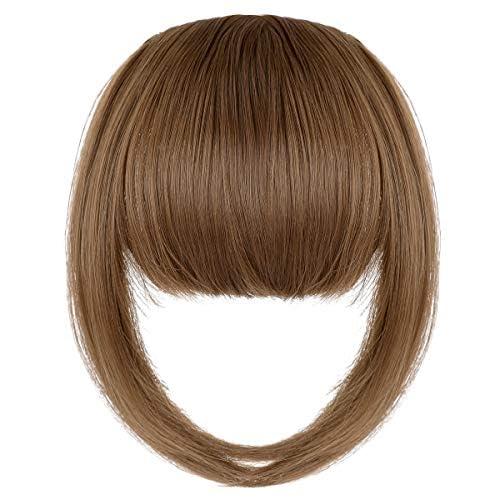 Clip in Bangs, Synthetic French Bangs Hair Clip, Fake Bangs Fringe with Temples Hairpieces for Women Natural Curved Hair Extensions for Daily Wear Light Chestnut Brown