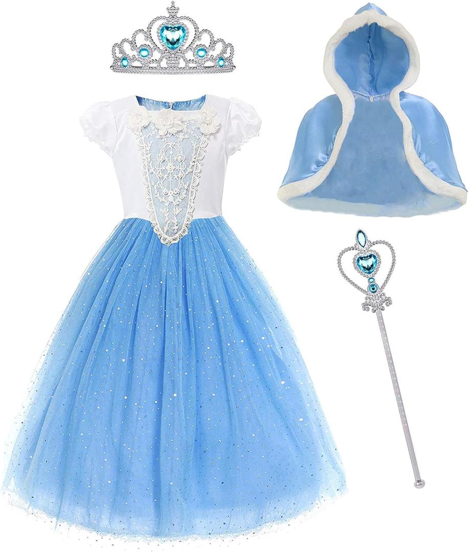 MYZLS Cinderella Princess Dress Girls Fancy Party Costume Christmas Cosplay Dress Up Outfit for (5-6 Years, Blue/4 Pcs)