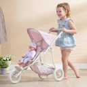 Olivia's Little World Double Jogging-Style Doll Stroller for Baby Dolls with Tandem Seating, Retractable Canopy, Storage Basket, All-Terrain Wheels, Cream, Pink and Gray Polka Dots