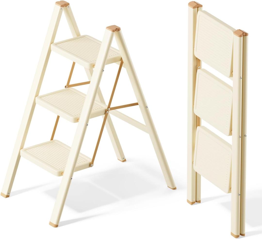 SOLADDER 3 Step Ladder, Anti-Slip and Lightweight Foldable Step Stool for Adults & Kids to Use in Kitchen, Closet and Library, 300lbs(Cream Chocalate)