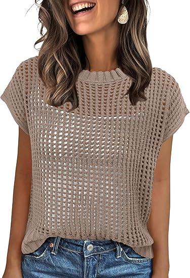 ANRABESS Womens Tops 2025 Trendy Summer Shirts Crochet Cap Sleeve Knitted Sweater Beach Vacation Clothes Fall Fashion Outfits( Khaki, Smal)l