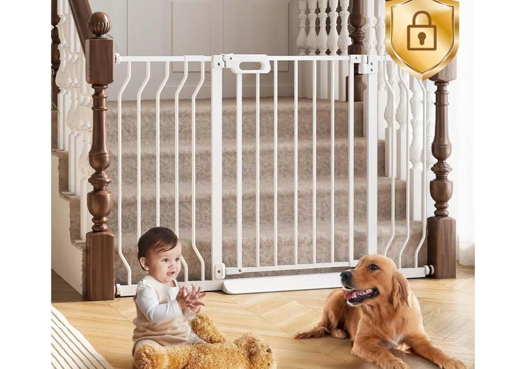 Mom's Choice-GROWNSY Baby Gate for Stairs, 29.5"-48.4" Pressure Mounted Baby Gate for Top of Stair&Doorway with V-Shaped Rods, Anti-Trip Pedal, Extra Wide Stairs Dog Gate Easy Install w/Red Reminder