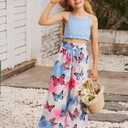 Girls 2 Piece Outfits Spring Summer Tropical Hawaiian Beach Vacation Wide Leg Pants Set Size 10-11 (Blue)