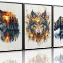 Forest Animal Wolf Bear Wall Art Set Of 3, Rustic Farmhouse Canvas Prints Wall Decor, Hunting Lodge Landscape Paintings, Wild Nordic Style Home Decoration for Living Room Bedroom 24x16in Wood Framed