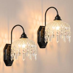 2-Pack Vintage Glass Crystal Wall Sconce, Matte Antique Black Finish, for Bedroom Bathroom Hallway Living Room, 2 units