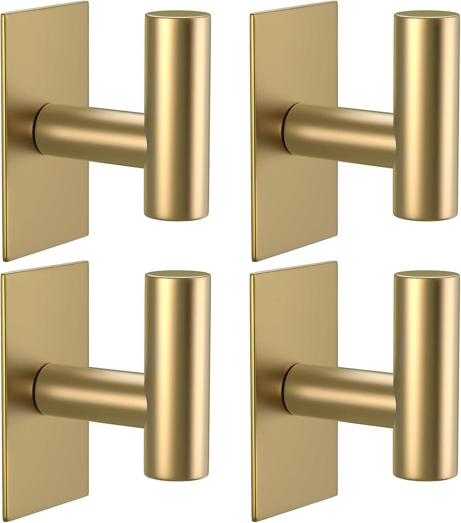 VAEHOLD Wall Towel Hooks, Heavy Duty Sticky Holder Waterproof Towel Hooks for Hanging Coat, Clothes, Closet Hook Wall Mount for Kitchen (Gold, 4 Pack)