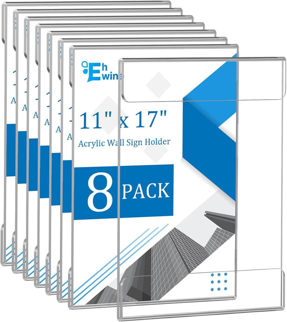 EHWINE 8 Pack 11x17 Wall Mount Acrylic Sign Holder, Wall Signs Photo Menu Flyer Display Holders, Plastic Clear Acrylic Frames for Office Home Hotel Business Store (with Adhesive Tape)