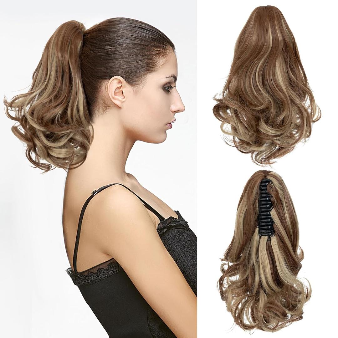 12" Short Ponytail Extension Claw Wavy Curly Jaw Clip In Pony Tails Fake Ponytail Natural Looking Synthetic Hairpiece for Women Light Brown P Blonde