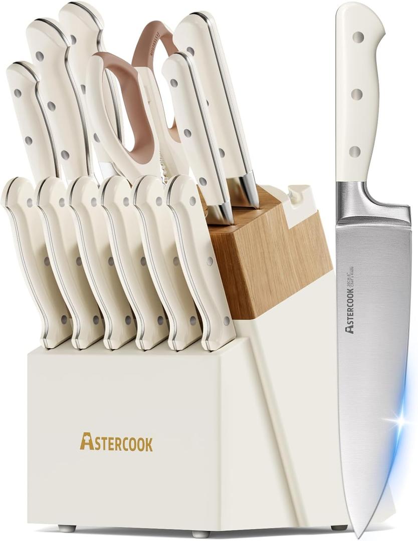 Knife Set,Astercook Kitchen Knife Set with Block 14-Piece Full Tang Stainless Steel Knives with Sharpener Dishwasher Safe and Anti-Slip Ergonomic Handle Mothers Day Gifts Utensils Set