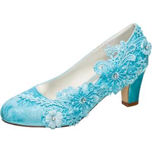 Wedding Shoes Women's Silk Like Satin Chunky Heel Pumps with Stitching Lace Flower Crystal Pearl (9, Cyan-Blue)