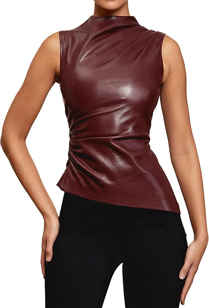 CORIRESHA Women's Faux Leather Pleated Sleeveless Asymmetrical Mock Neck Slim Tank Top (Large, Wine Red)