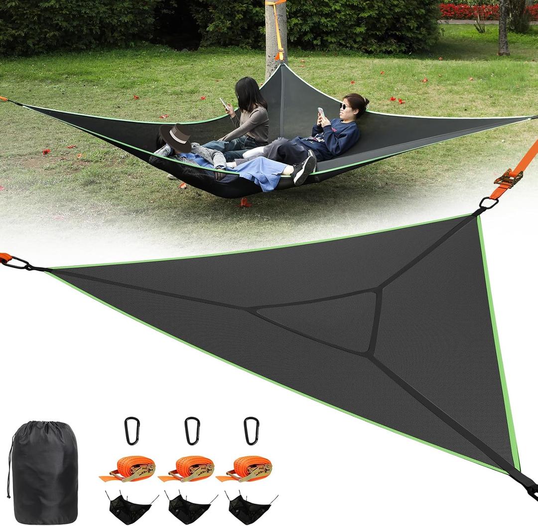 LACE INN Triangle Hammock, 13ft Camping Hammock with 3 Ratchet Tie Down Straps and Storage Bag, 3 Point Hammocks Portable Max 800 Lbs for 2-3 Adult Kid, Multi Person Tree Hammock for Outside Travel