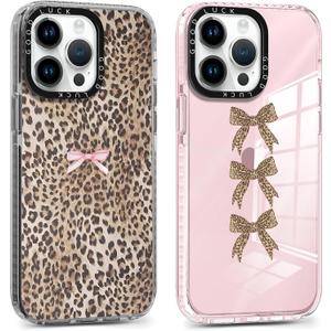 2 Pack Cute Cheetah Print Phone Case for iPhone 13 Pro Max Pink Bow Case 6.7", Clear Coquette Fashion Luxury Leopard Pattern Design Girls Women Funda Shockproof Soft TPU Protection Cover