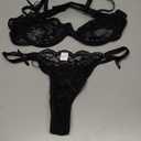 Lilosy Sexy Underwire Cute Push Up Strappy Embroidered Mesh Sheer Lingerie Set See Through Panty Bra (Medium, Bow Lace Black)