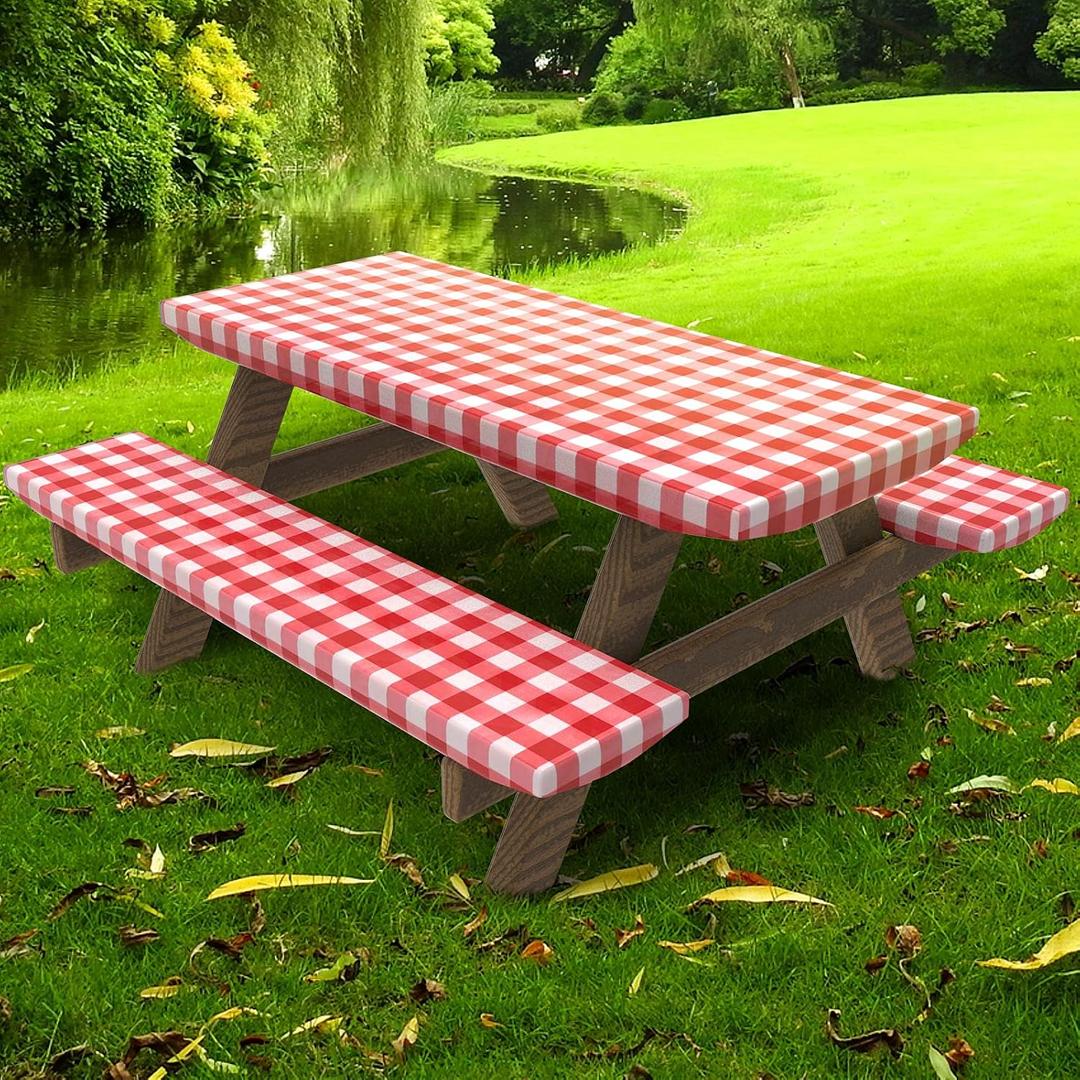 UMINEUX Picnic Table Cover with Bench Covers Fitted Table Clothes for 6 Foot Rectangle Tables Vinyl Flannel Backing with Elastic Edge -for Outdoor/Indoor Party&Dining(30x72 Inch,3-Pieces,Red Plaid)