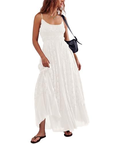 Gacaky Summer Dress for Women Casual Lace Floral Embroidered Bohemian Maxi Dress Flowy A Line Beach Long Dresses White Small