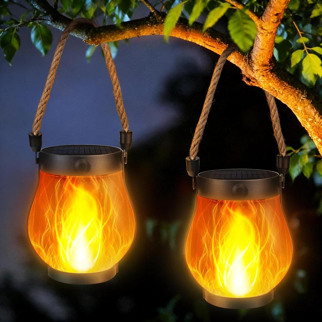 Solar Flame Lantern Hanging Outdoor Waterproof - 2 Pack Flame Lanterns with Dual Charging Modes of Solar & USB for Garden or Yard Christmas Decorations (Warm White - 2 Pack)