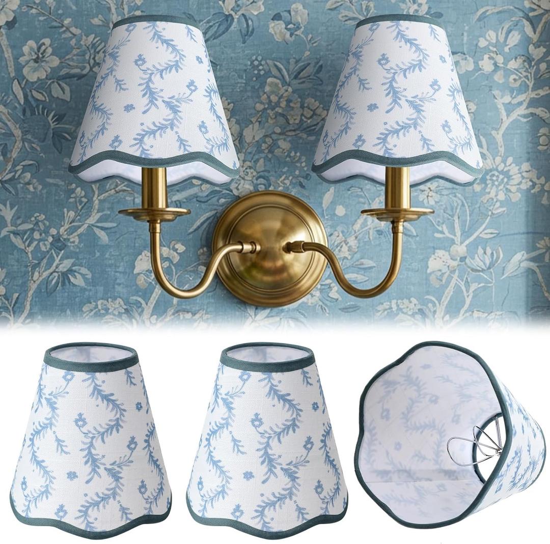 VIHOSE 2 Pcs Small Scalloped Lamp Shades Chandelier Lamp Shades 3 x 6 x 6 Inch Blue and White Linen Fabric Mini Scallop Lampshades with Trim Natural Tapered Lampshades for Wall Sconce Pendant Light