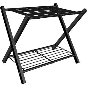 Fandature Folding Luggage Rack for Guest Room, Metal Foldable Suitcase Stand Holder with Metal Shelf for Bedroom, Black, 1 pack