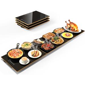 Food Warmers for Parties Buffet, 47"x12" Assemblable Stackable Electric Warming Tray with 8-Level Temperature Adjustment and 8-Hour Timer, Upgraded Desktop-Protecting Food Warming Mat (Black&gold)