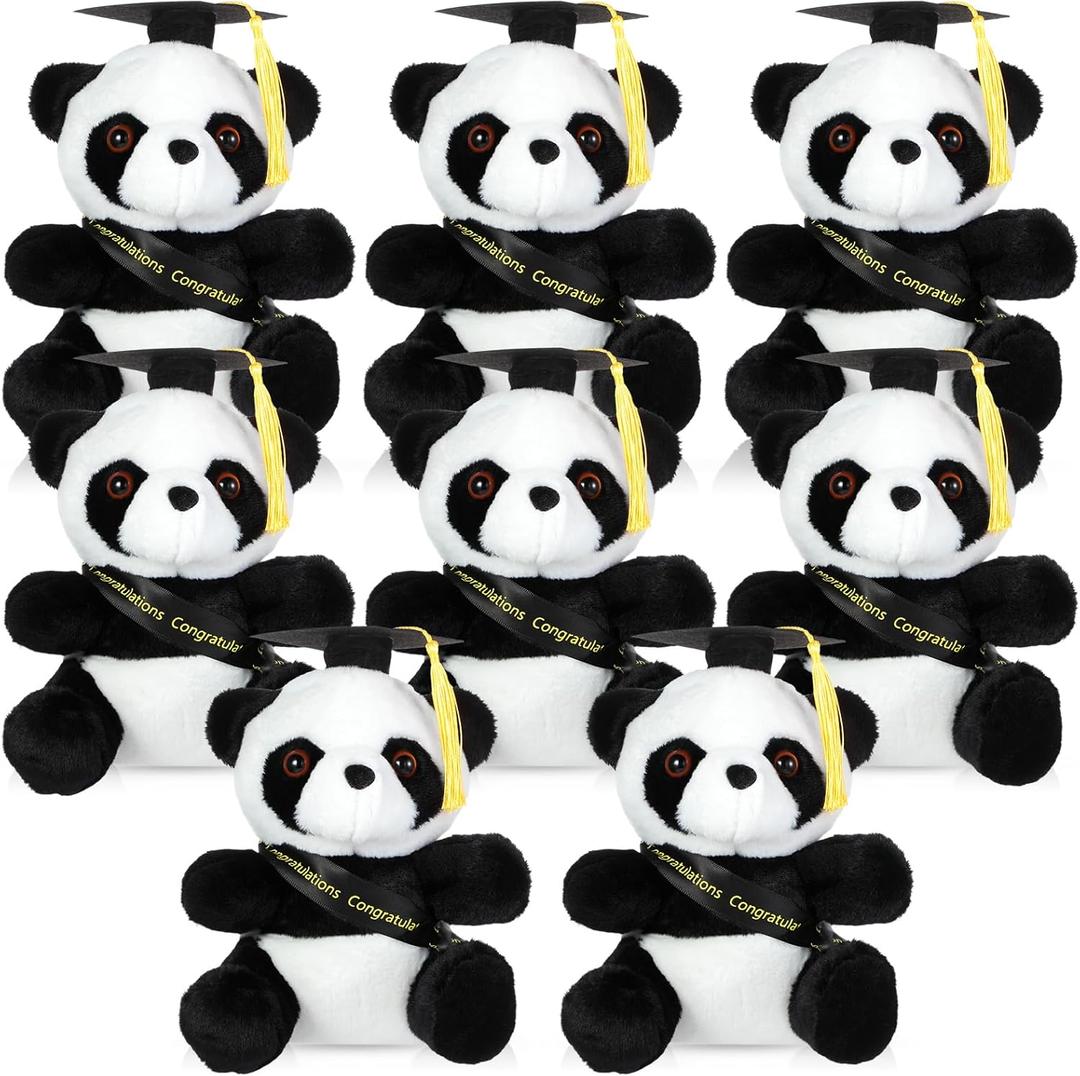 Wettarn 8 Pcs 8'' Graduation Plush Animal Glft 2025 Stuffed Owl Elephant Panda Plush Cute Bear Animal Graduation Congrats Grad Present for Grad Ceremony(Panda Bear)
